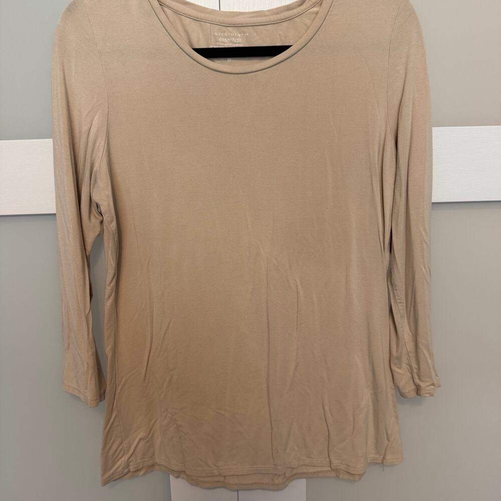 Investments Essentials Womens M Beige Modal Spandex 3/4 Sleeve Scoop Neck Top